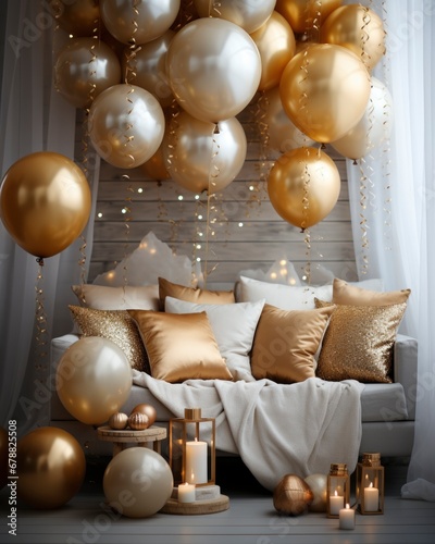 party , birthday celebration background with golden balloons in the interior. card for anniversary, new year, christmas and design element