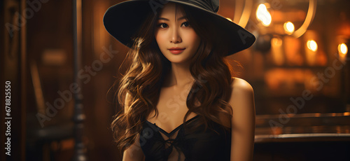 Beautiful asian woman wearing a witch costume