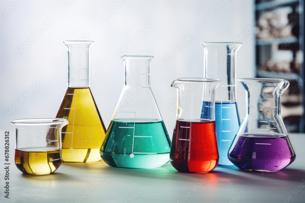 Laboratory equipment beakers and flask with backlight in different group. AI Generated Laboratory equipment beakers and flask with backlight in different group. AI Generated