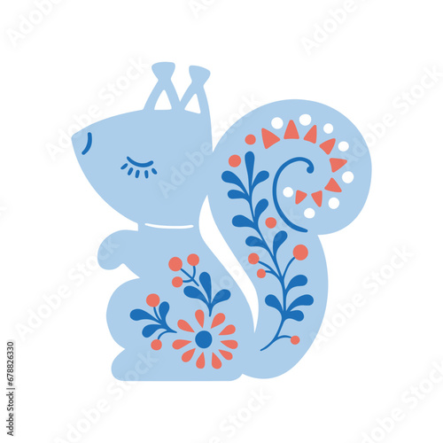 Vector illustration of patterned animal in Nordic style hygge. Silhouette of squirrel in folk style isolated on white background
