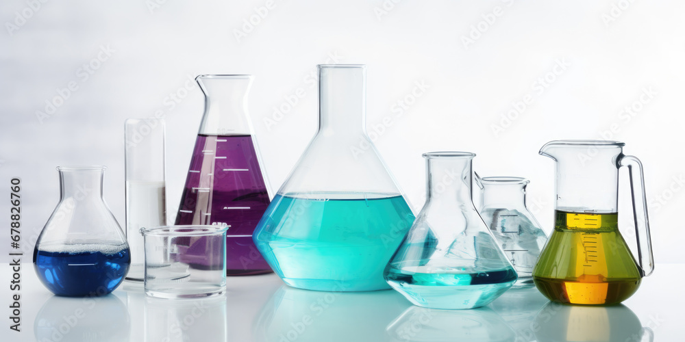 Laboratory equipment beakers and flask with backlight in different group. AI Generated Laboratory equipment beakers and flask with backlight in different group. AI Generated
