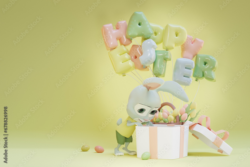 Obraz premium Cute bunny looking in easter gift box. 3D render