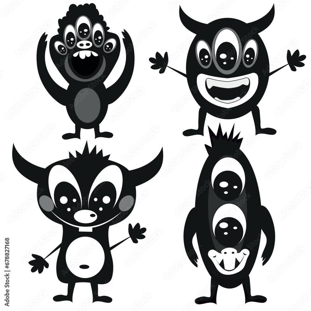 Fototapeta premium a selection of cute black monsters with different numbers of eyes and cute faces, doodle style