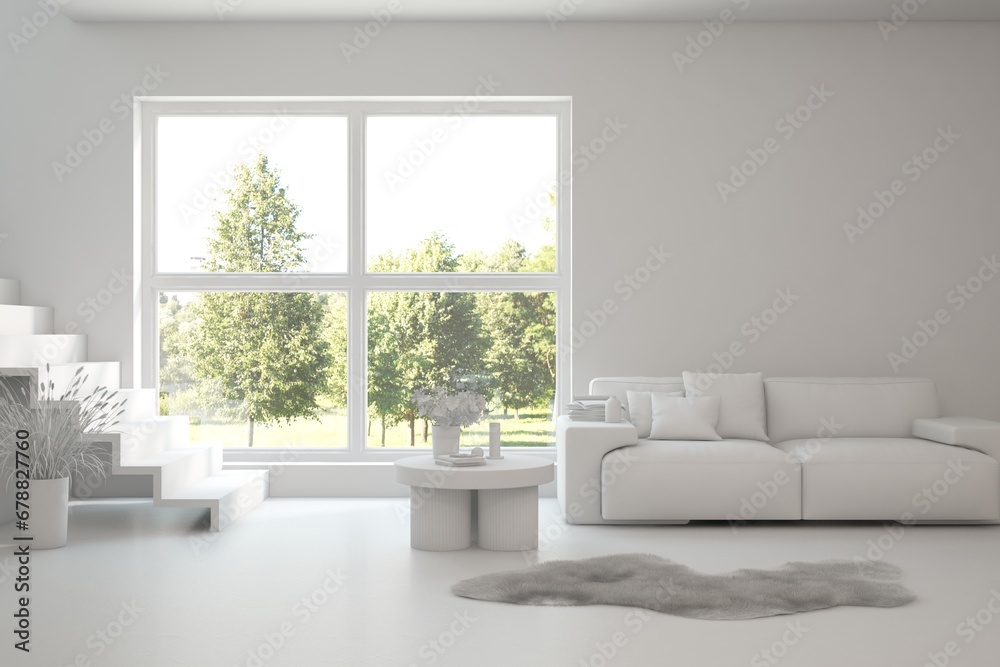Fototapeta premium Grey living room concept with sofa and summer landscape in window. Scandinavian interior design. 3D illustration