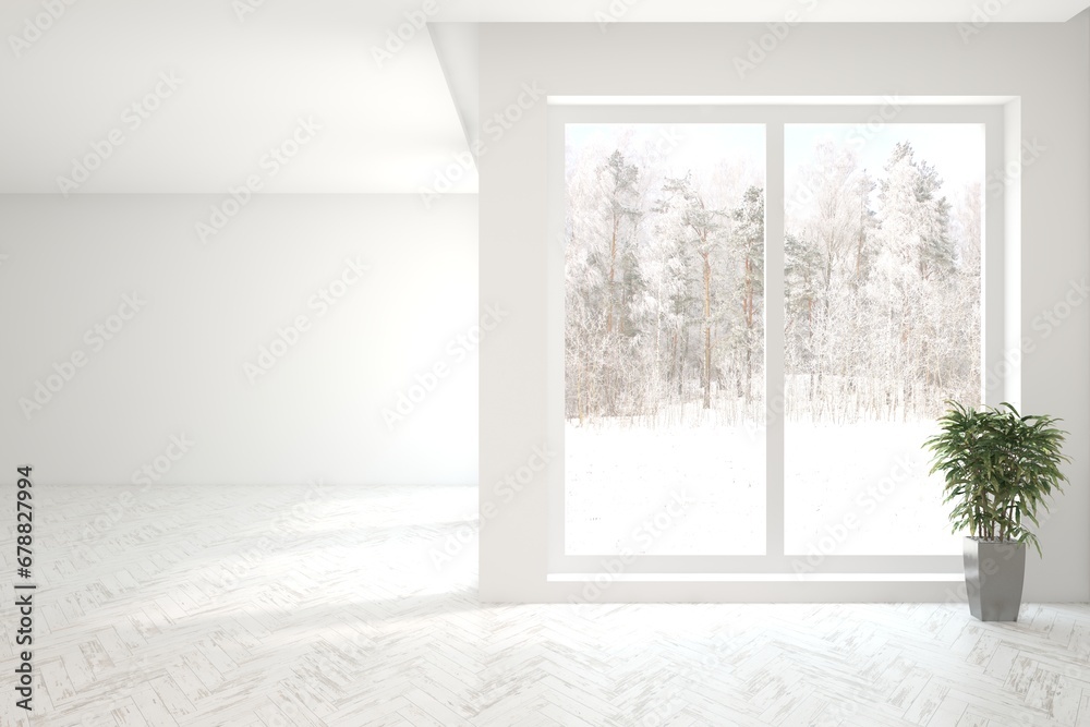 White empty room with winter landscape in window. Scandinavian interior design. 3D illustration White empty room with winter landscape in window. Scandinavian interior design. 3D illustration
