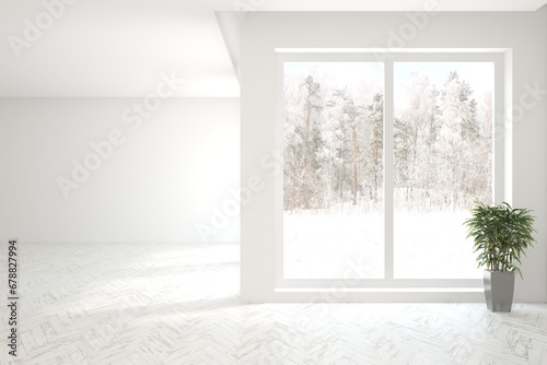 White empty room with winter landscape in window. Scandinavian interior design. 3D illustration