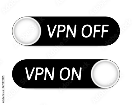 VPN on, VPN off icons. Black and white buttons. Connect and disconnect. Secure connection. Virtual private network. VPN enabled, VPN disabled	
