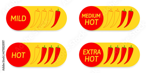 Spicy food in four levels - mild, medium, hot and extra hot. Chili pepper icon. Yellow and red labels