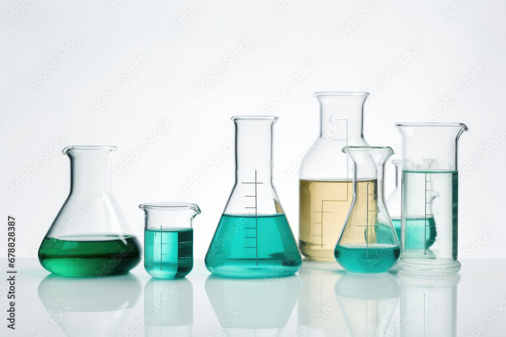 Laboratory equipment beakers and flask with backlight in different group. AI Generated Laboratory equipment beakers and flask with backlight in different group. AI Generated