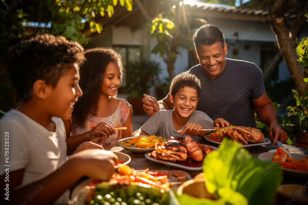 Happy Hispanic family enjoying a barbecue in their backyard on a sunny day. Family bonding and outdoor fun with delicious food and warm smiles Happy Hispanic family enjoying a barbecue in their backyard on a sunny day. Family bonding and outdoor fun with delicious food and warm smiles