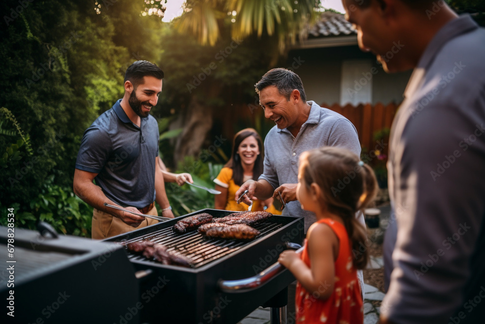 Happy Hispanic family enjoying a barbecue in their backyard on a sunny day. Family bonding and outdoor fun with delicious food and warm smiles Happy Hispanic family enjoying a barbecue in their backyard on a sunny day. Family bonding and outdoor fun with delicious food and warm smiles