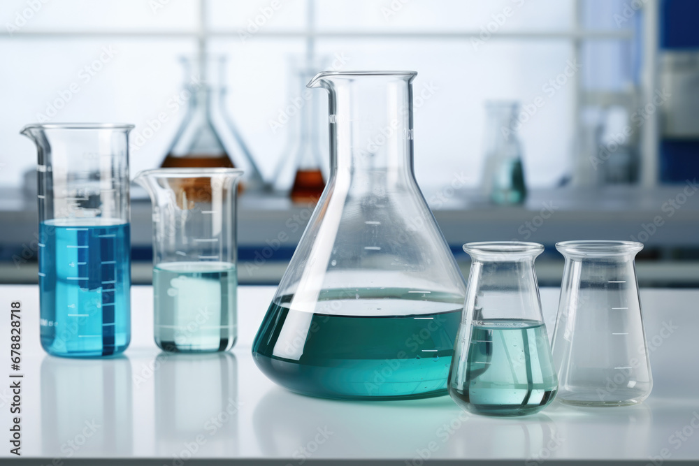 Laboratory equipment beakers and flask with backlight in different group. AI Generated Laboratory equipment beakers and flask with backlight in different group. AI Generated