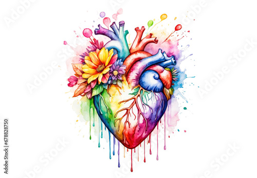 watercolor rainbow heart Happy Valentine's day. 14 february Abstract painting background. Watercolor heart shape.