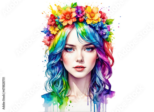 An abstract portrait of a woman adorned with summer flowers above her head against