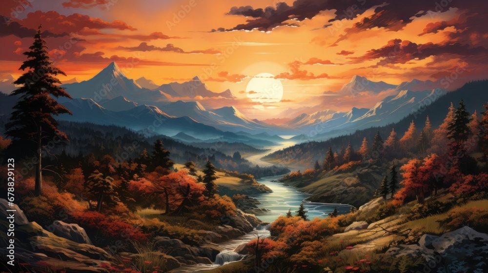 Beautiful mountain landscape with river and forest at sunset