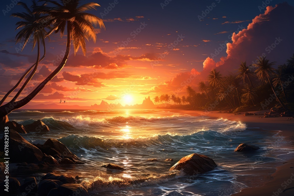 Beautiful sunset on the beach with palm trees
