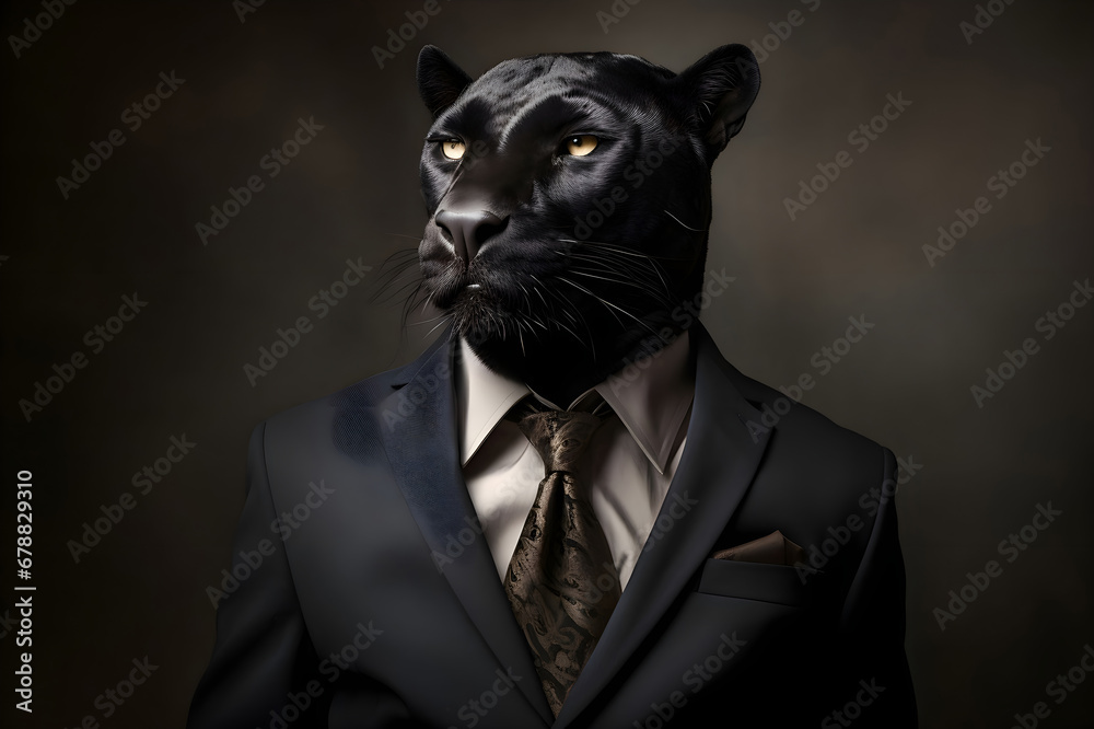 Black panther dressed in an elegant and modern suit with a nice tie. Fashion portrait of an anthropomorphic animal, shooted in a charismatic human attitude Black panther dressed in an elegant and modern suit with a nice tie. Fashion portrait of an anthropomorphic animal, shooted in a charismatic human attitude