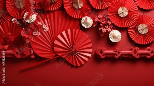 Chinese New Year background with red paper fan and flower