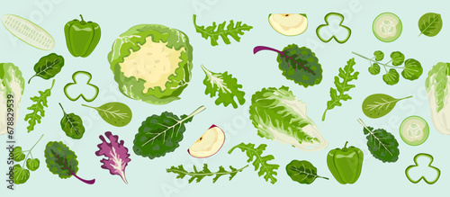 Vector line art seamless salad Fruit and vegetable salad, healthy food Vegetarian food, vitamins and minerals. For textiles, banners, wallpaper, and wrapping vector design.