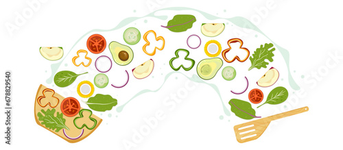 Healthy food fruit salad vector illustration floating in the air into a wooden bowl Vegetarian food, vitamins, and minerals for illustration isolated on a light background, easy to edit.
