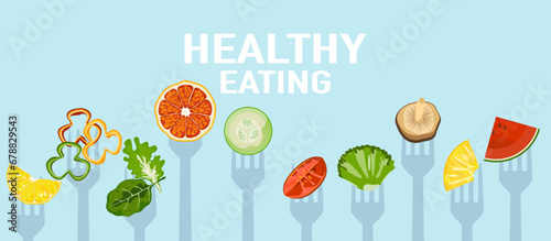 Healthy food fruit salad vector illustration Skewer on a fork, vegetarian food, vitamins and minerals for illustration on a light background, easy to edit.