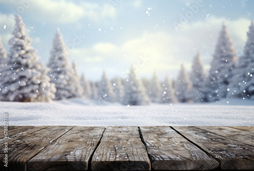 Empty rustic woooden table with Natural Winter background for display of advertise seasonal products © Shootdiem