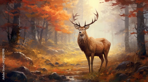 Digital painting of a red deer stag in the autumn forest. Fall season © Ali
