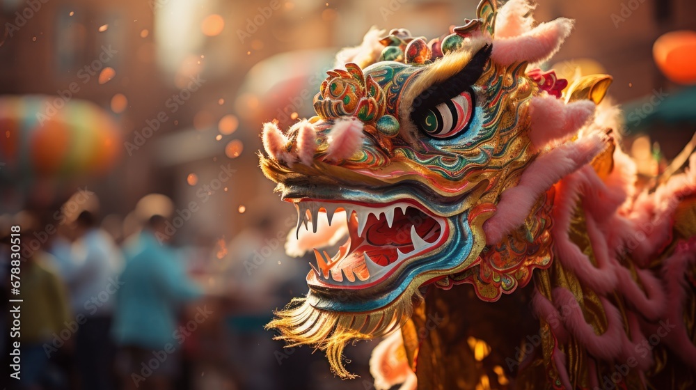 Chinese dragon in chinese lunar new year parade, closeup of photo - obrazy, fototapety, plakaty 