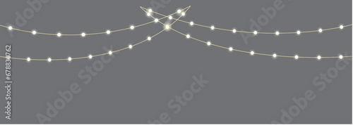Christmas garland isolated on transparent background. Glowing yellow light bulbs with sparkles. Xmas, New Year, wedding or Birthday decor. Party event decoration. Winter holiday season element.