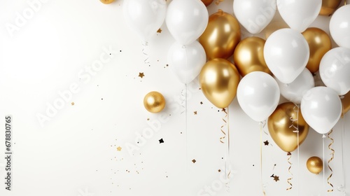 Gold and white balloons with confetti on white background