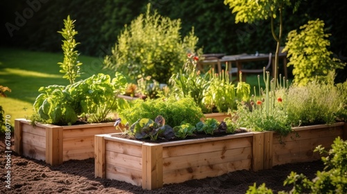 Garden beds with different vegetables and herbs. Gardening concept