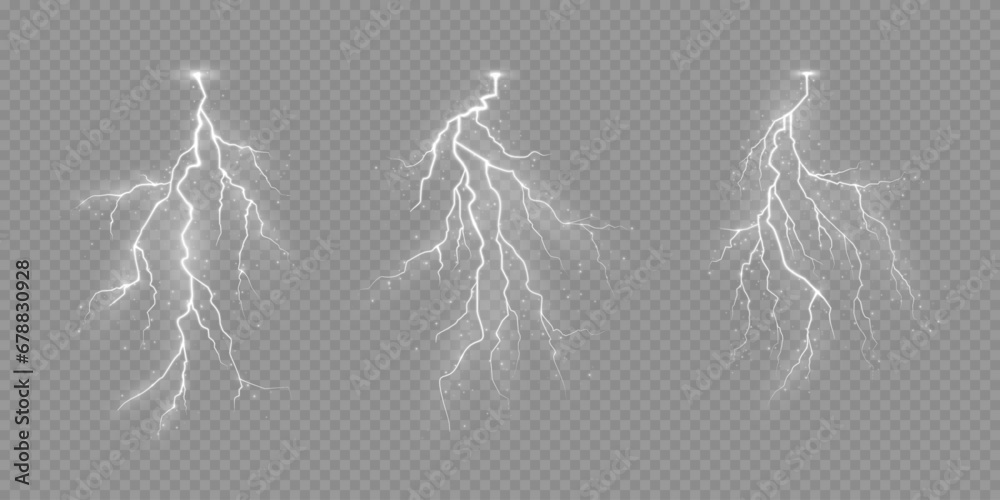 The effect of lightning and lighting, set of zippers, thunderstorm and lightning, symbol of natural strength. Powerful thunderstorm electricity discharge.