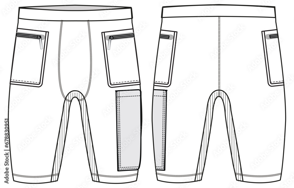 Naklejka premium Men's cycling shorts compression cargo tights shorts design front and back view flat sketch fashion illustration drawing, Tights short with cargo pockets sketch cad drawing