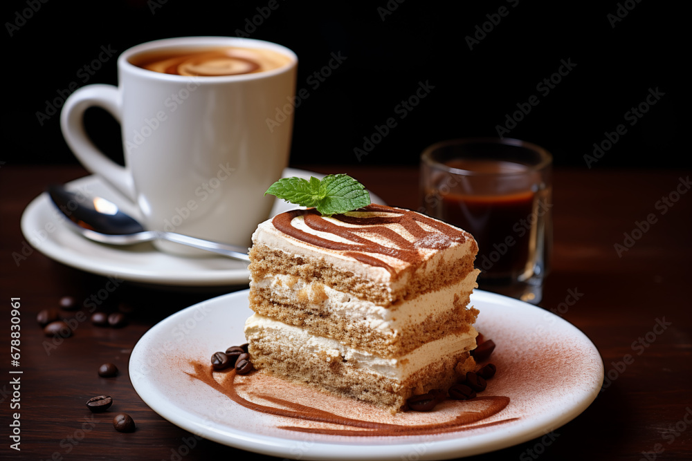 Food Photography: Tempting Slice of Cake with a Background of Frothy Cappuccino, Inviting the Palate with an Appetizing Composition and Delicious Harmony