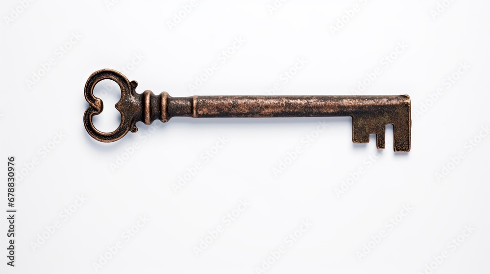 Antique rusty key against a white background.
Antique rusty key against a white background.