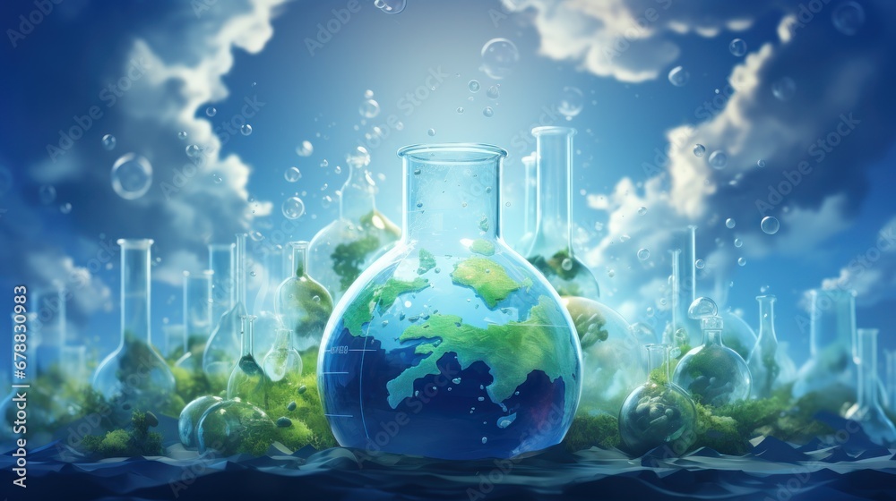 Laboratory glassware with planet earth in water Laboratory glassware with planet earth in water