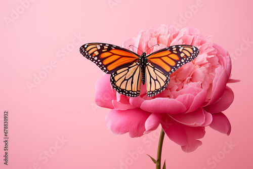 Monarch butterfly perched on a lush pink peony against simple background. Valentine's day. Beauty of nature. Suitable for wedding invitations, floral poster, or banner with free space fot text