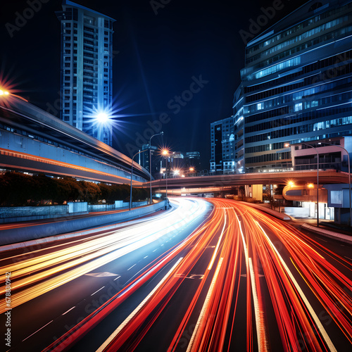 Light trails streaking through a sleek  modern metropolis  surrounded by towering skyscrapers and bathed in the glow of neon futuristic technology. A backdrop suggesting the future of virtual reality 