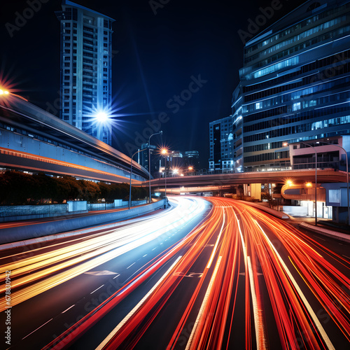 Light trails streaking through a sleek, modern metropolis, surrounded by towering skyscrapers and bathed in the glow of neon futuristic technology. A backdrop suggesting the future of virtual reality,