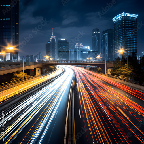 Light trails streaking through a sleek, modern metropolis, surrounded by towering skyscrapers and bathed in the glow of neon futuristic technology. A backdrop suggesting the future of virtual reality,