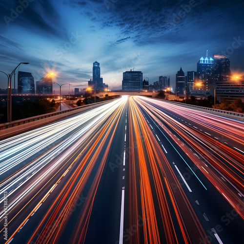 Light trails streaking through a sleek, modern metropolis, surrounded by towering skyscrapers and bathed in the glow of neon futuristic technology. A backdrop suggesting the future of virtual reality,