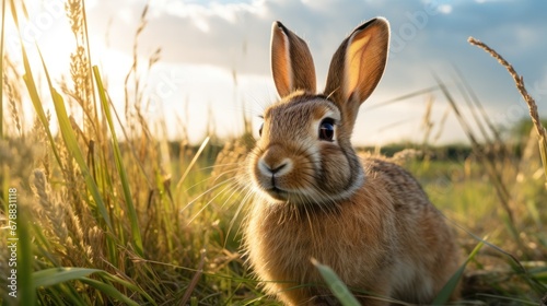 Cute rabbit in the meadow at sunset  close-up