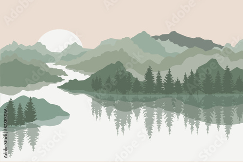 Mountain landscape. Forest in the mountains along the river. Tourist routes.