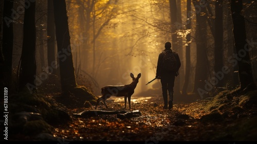 Deer with a man in a dark forest