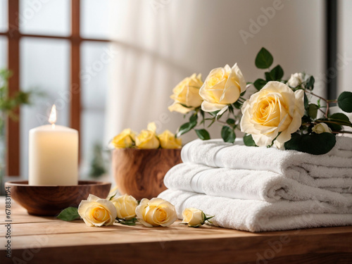 White towels with yellow roses on a spa table.