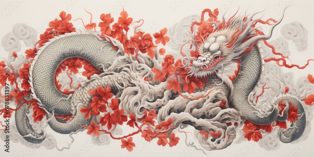 Obraz premium Illustration of a Chinese dragon in colors on a white background. Traditional oriental style. The image radiates power, wisdom and spiritual energy characteristic of Asian culture and symbolism