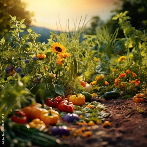 Organic vegetable garden with sunflowers and tomatoes