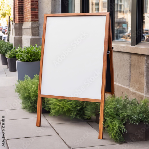 Street Sign Mock Up A-Frame City Sidewalk Store Front Bushes