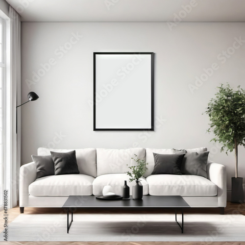 Mock Up Blank Poster in Living Room White Couch Black Table
