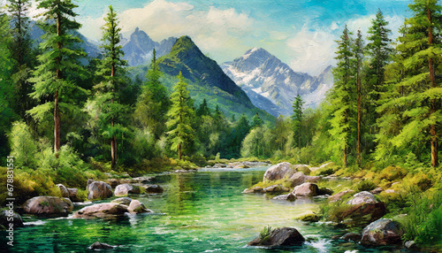 Tall evergreen trees, a clear river, mossy rocks, and distant mountains compose a serene woodland vista.